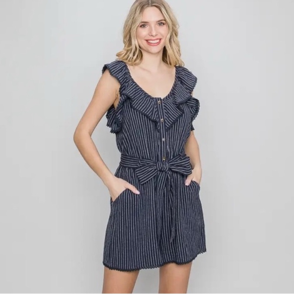 Allie Rose Navy White‎ Striped V-neck Ruffle Cotton Linen Romper With Pockets